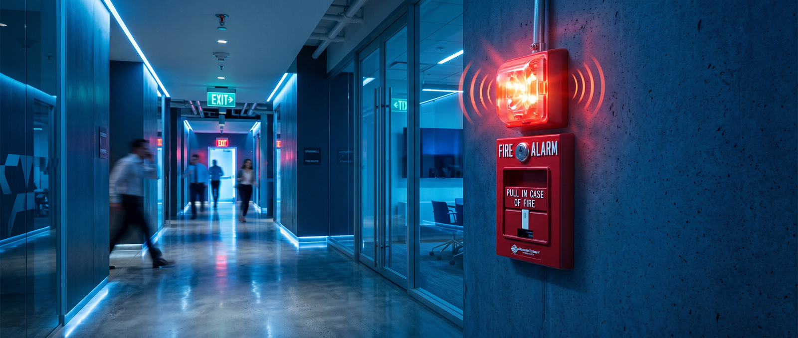 Fire alarm call point and sounder in a modern office corridor