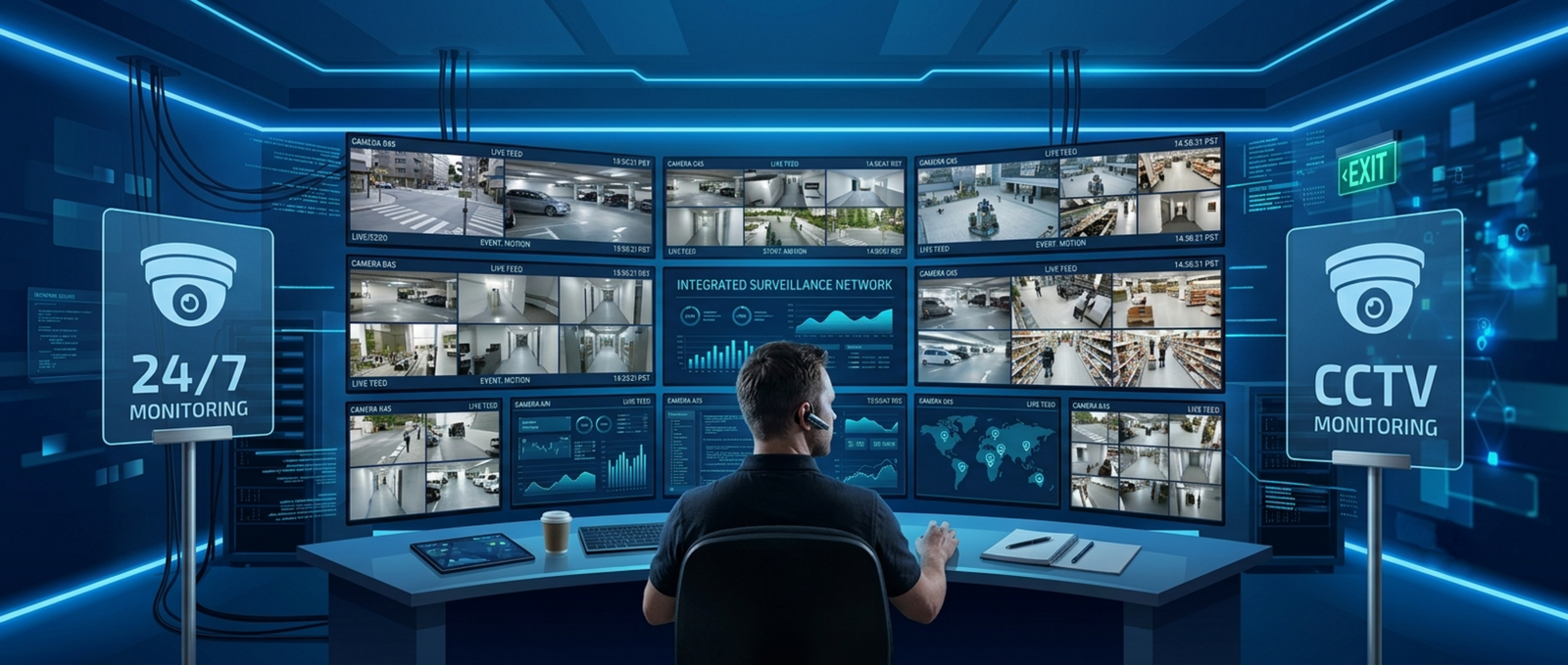 CCTV monitoring control room with live camera feeds