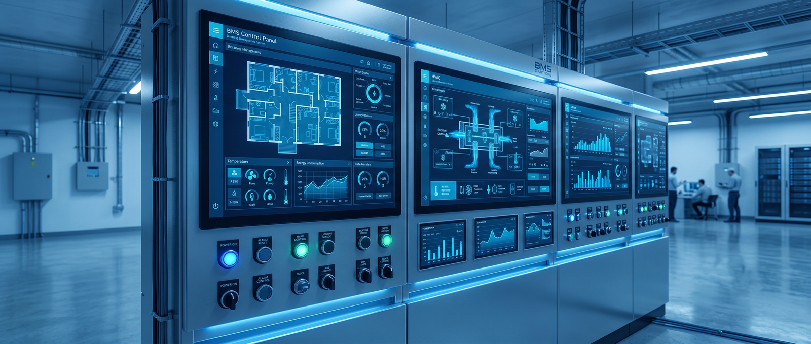 BMS control panels with building management dashboards