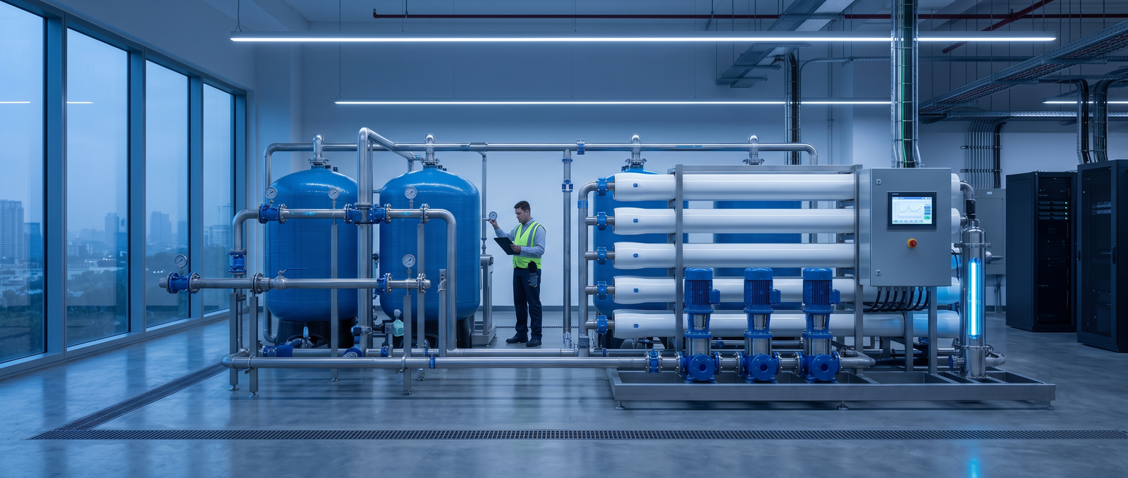 Commercial water treatment plant with filtration vessels and pumps