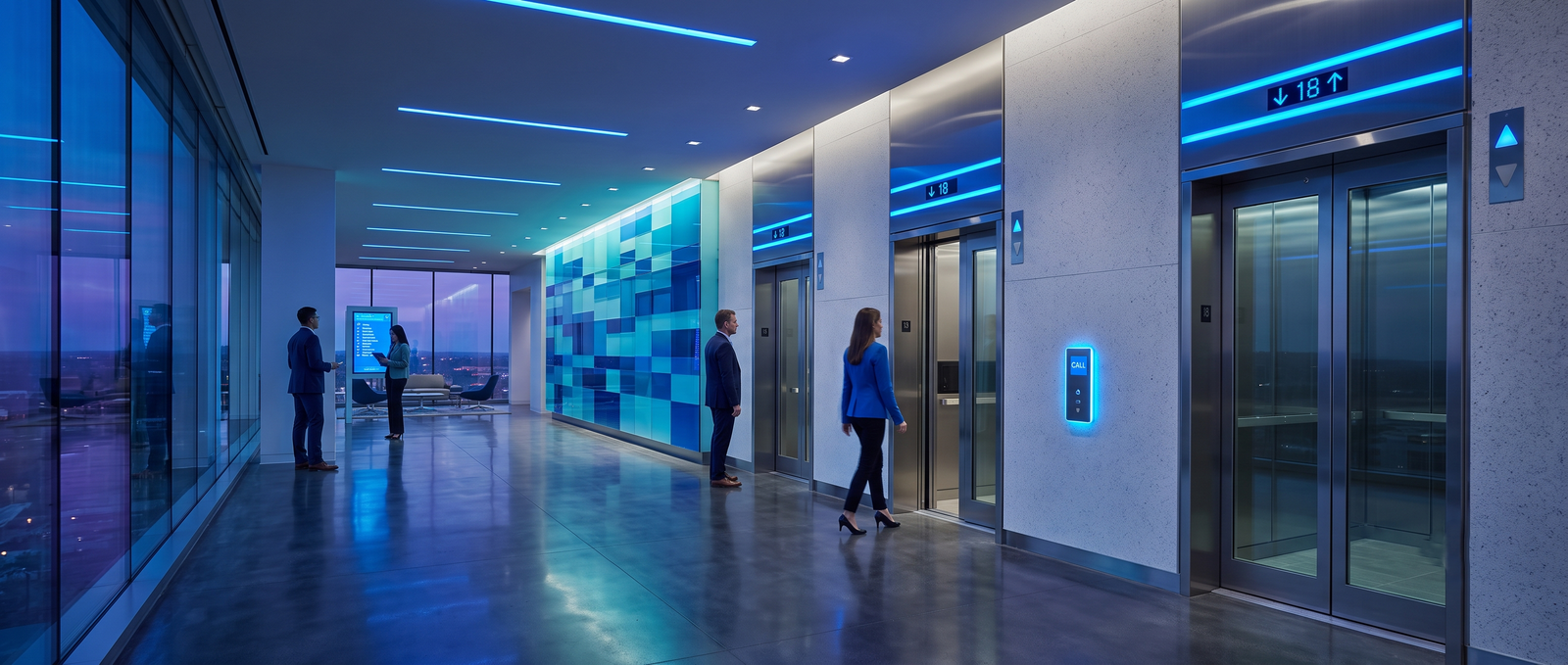 Modern lift lobby with destination control displays