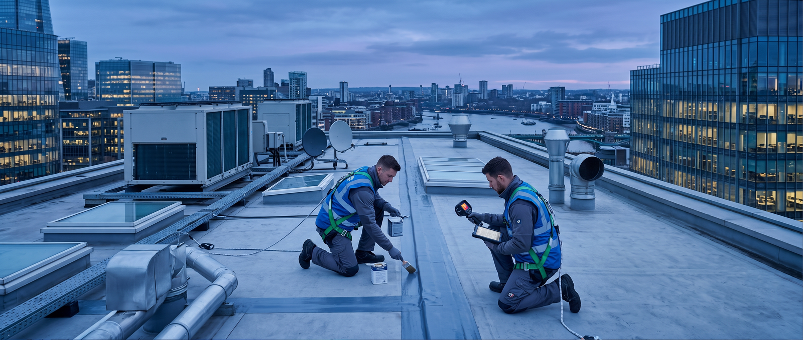 FM engineers carrying out planned maintenance on a commercial rooftop